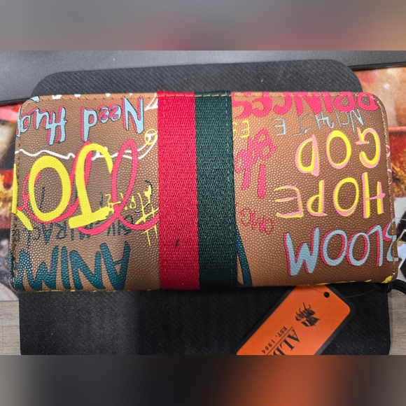 Chunma Tan & Multi Color Graffiti Design Vegan Leather Zipper Wristlet Wallet - Picture 6 of 8